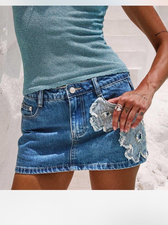 Princess Polly Dresses & Skirts - Princess Polly Denim Mini Skirt with Distressed Patch - Blue